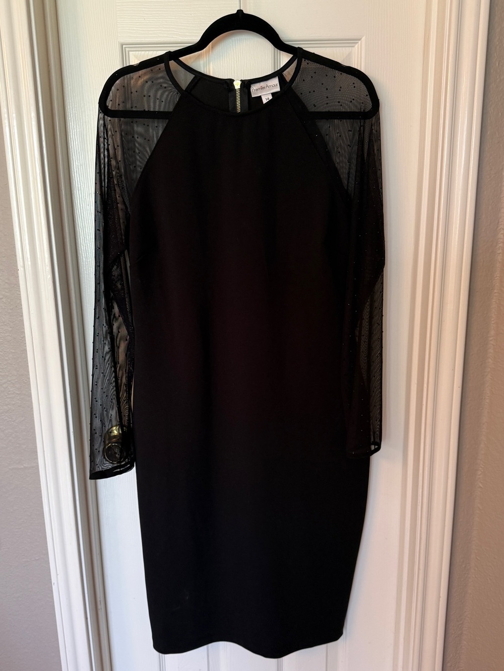 Premier Black Sheer-Dotted Long Sleeve Cocktail Dress